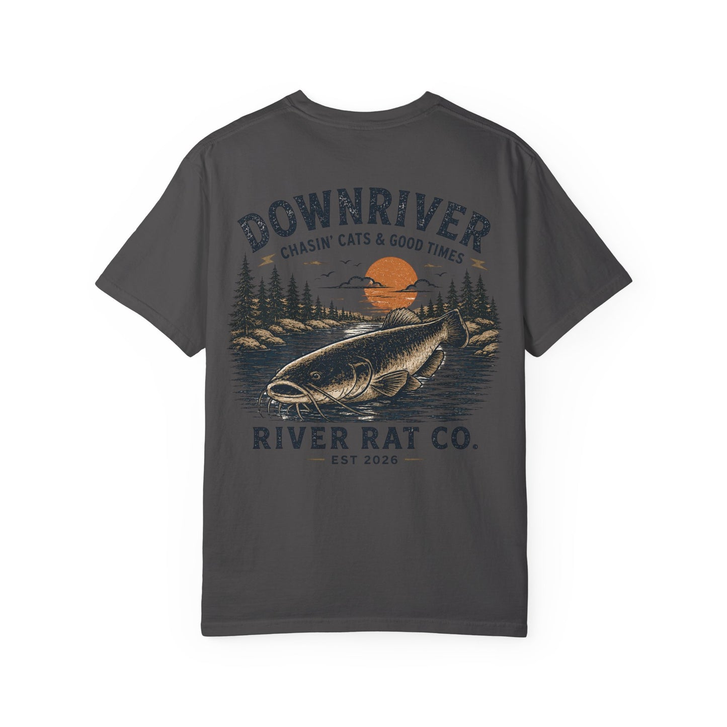 Downriver 'River Rat Co.' Fishing T-Shirt — Vintage Fish & Sunset Graphic
