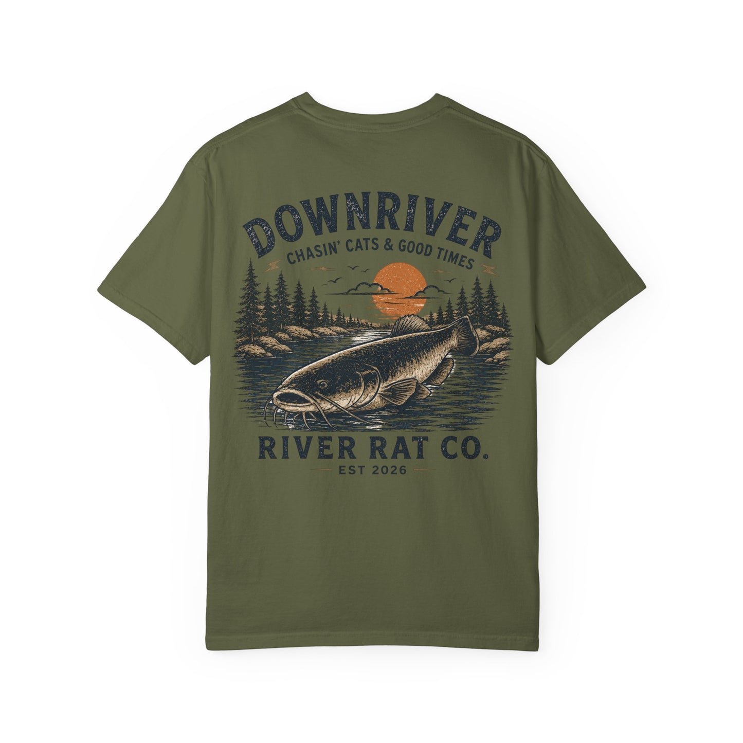 Downriver 'River Rat Co.' Fishing T-Shirt — Vintage Fish & Sunset Graphic